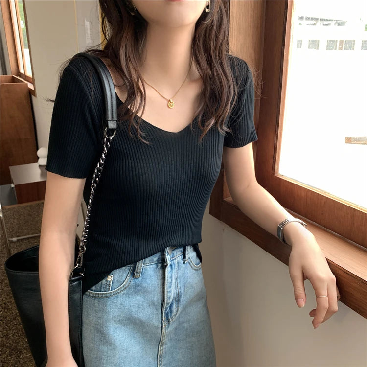 VAIGE Basic V-neck Solid Thin Summer Pullover Knitted Ribbed Sweater Bodycon Short Sleeve Slim Fit