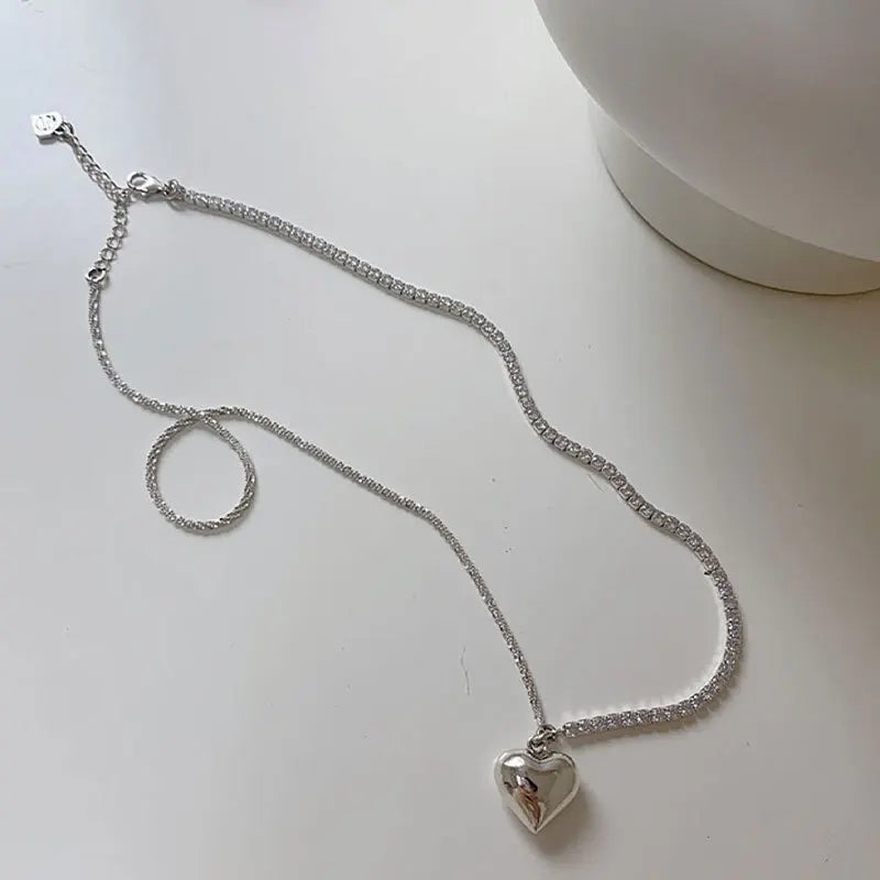 Silver heart pendant zircon necklace .925 sterling