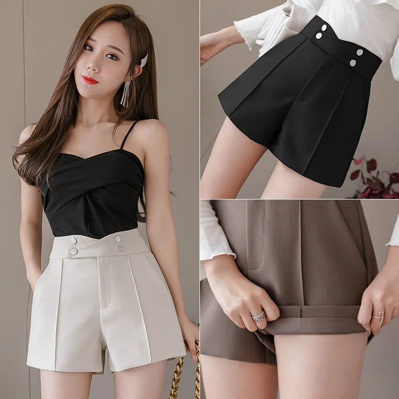 VAIGE High Waist Solid Black Office Work Shorts with Pockets, Available in S-XL, Cotton Material, Loose Fit, Colors: Apricot, Black, Coffee, Gray