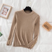 VAIGE Chic Khaki Thick Knit Pullover Sweater with Button O-Neck, Casual Autumn Winter Jumper, Slim Fit, Soft Cotton-Acrylic Blend