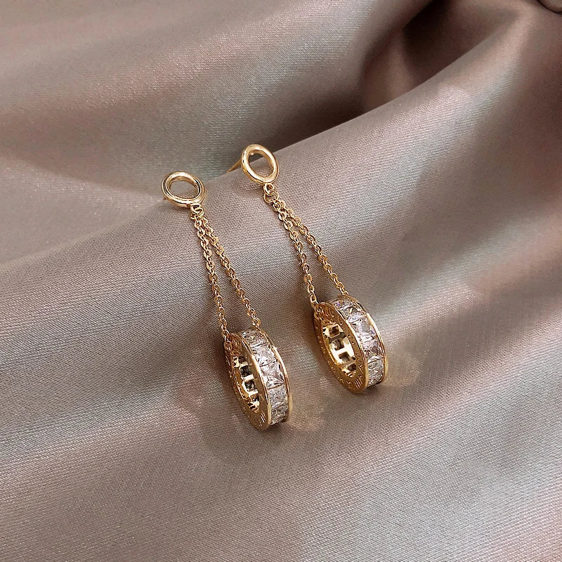 VAIGE Elegant Gold Zircon Circle Drop Earrings - Classic Copper Alloy Design for Parties and Special Occasions, 4.3cm Length