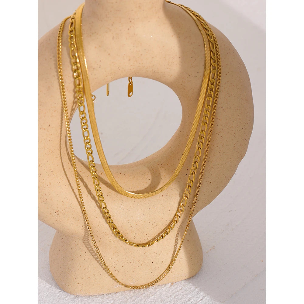 VAIGE Waterproof Stainless Steel Layered Chain Necklace Set - Golden Metallic Statement Jewelry