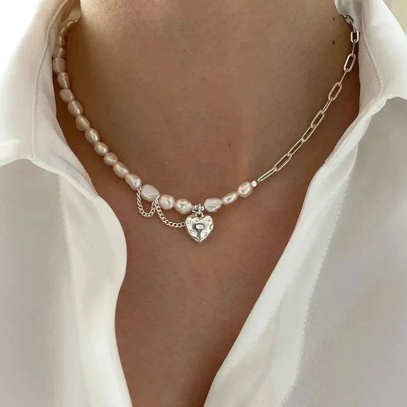 VAIGE Elegant Asymmetrical Pearl Heart Dangle Necklace in Silver & White