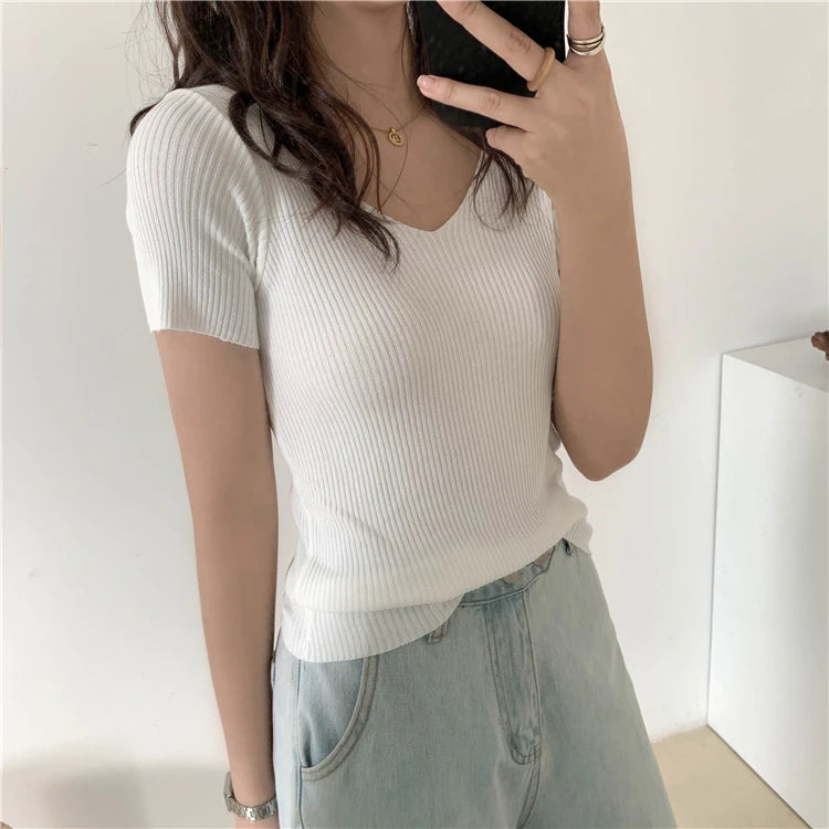 VAIGE Basic V-neck Solid Thin Summer Pullover Knitted Ribbed Sweater Bodycon Short Sleeve Slim Fit