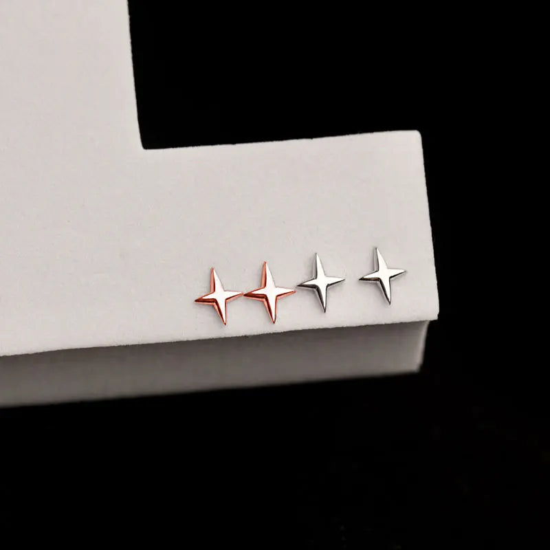 VAIGE S925 Sterling Silver Classic Four-Pointed Star Stud Earrings with Plating Treatment, 0.7*0.6cm Size