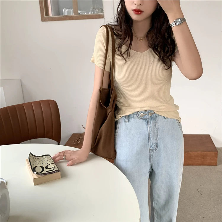 VAIGE Basic V-neck Solid Thin Summer Pullover Knitted Ribbed Sweater Bodycon Short Sleeve Slim Fit