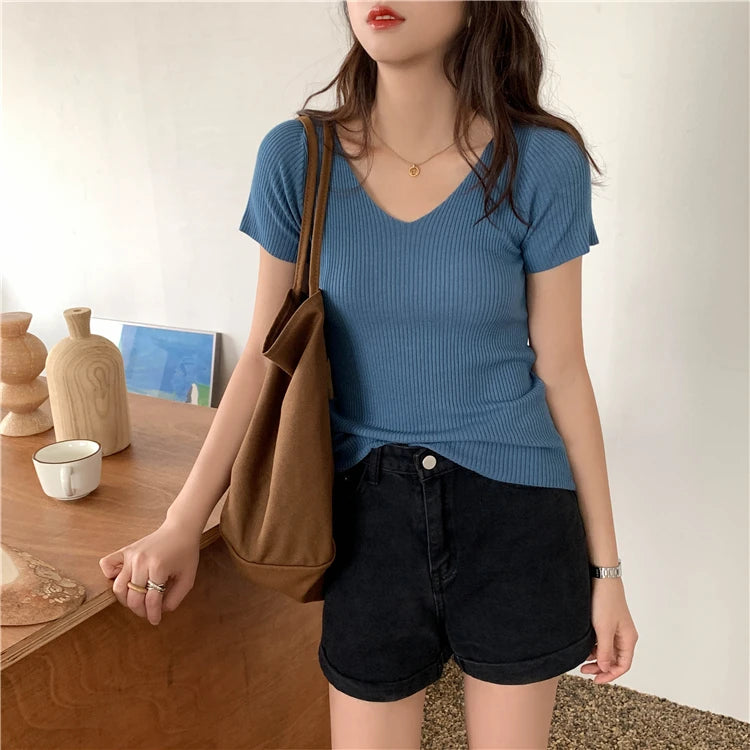 VAIGE Basic V-neck Solid Thin Summer Pullover Knitted Ribbed Sweater Bodycon Short Sleeve Slim Fit