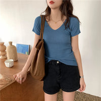 VAIGE Basic V-neck Solid Thin Summer Pullover Knitted Ribbed Sweater Bodycon Short Sleeve Slim Fit