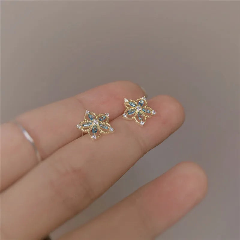 VAIGE 925 Sterling Silver Hollow Crystal Flower Stud Earrings with 14k Gold Plating and Zircon Accents