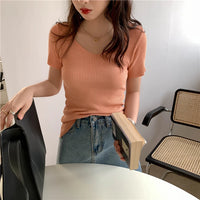 VAIGE Basic V-neck Solid Thin Summer Pullover Knitted Ribbed Sweater Bodycon Short Sleeve Slim Fit