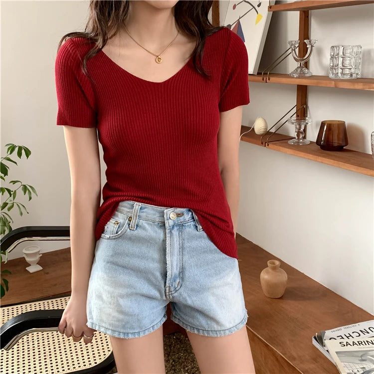 VAIGE Basic V-neck Solid Thin Summer Pullover Knitted Ribbed Sweater Bodycon Short Sleeve Slim Fit