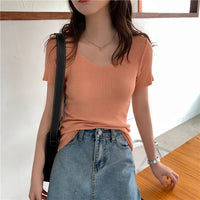 VAIGE Basic V-neck Solid Thin Summer Pullover Knitted Ribbed Sweater Bodycon Short Sleeve Slim Fit