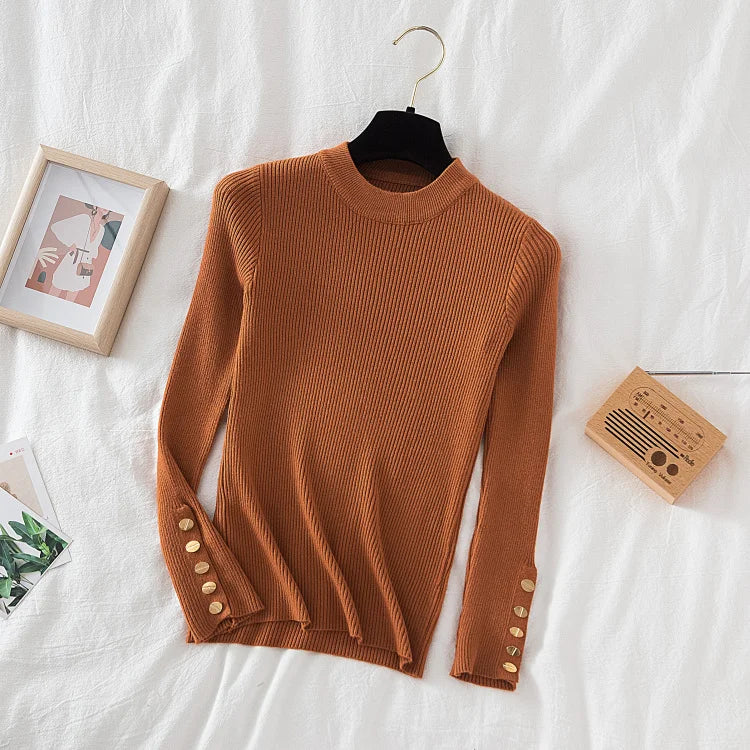 VAIGE Chic Khaki Thick Knit Pullover Sweater with Button O-Neck, Casual Autumn Winter Jumper, Slim Fit, Soft Cotton-Acrylic Blend