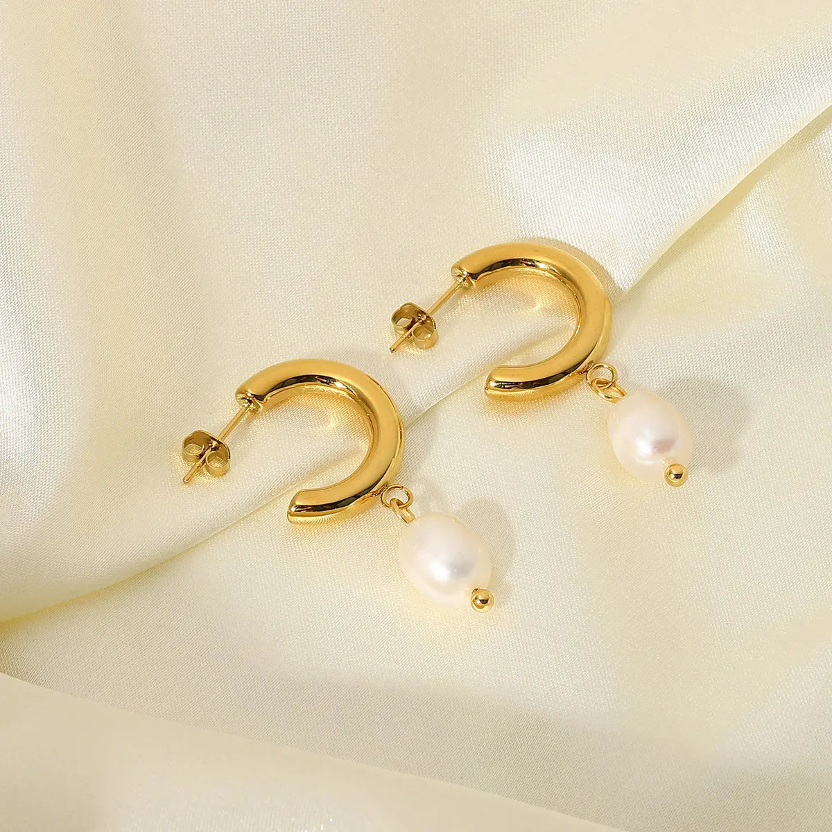 VAIGE Freshwater Pearl 18k Gold Plated Stainless Steel CC Shape Hoop Earrings - 27mm x 20mm Huggie Style Jewelry