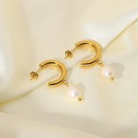 VAIGE Freshwater Pearl 18k Gold Plated Stainless Steel CC Shape Hoop Earrings - 27mm x 20mm Huggie Style Jewelry