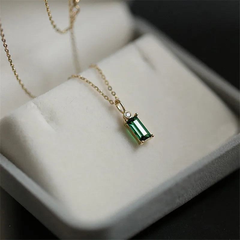 VAIGE 925 Sterling Silver Green Crystal Pendant Clavicle Necklace 14k Gold Plating 40CM 45CM