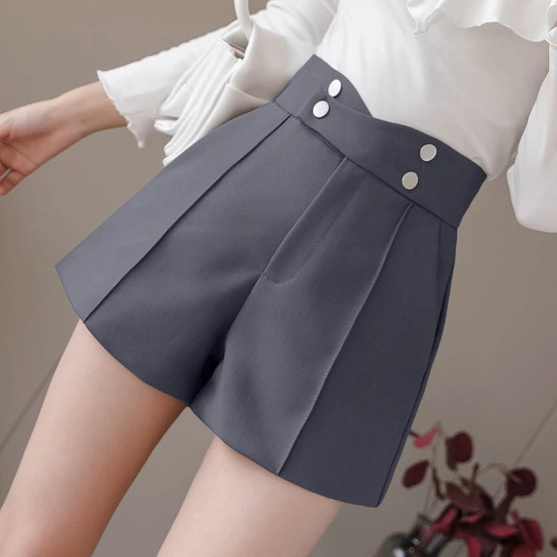 VAIGE High Waist Solid Black Office Work Shorts with Pockets, Available in S-XL, Cotton Material, Loose Fit, Colors: Apricot, Black, Coffee, Gray