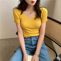 VAIGE Basic V-neck Solid Thin Summer Pullover Knitted Ribbed Sweater Bodycon Short Sleeve Slim Fit