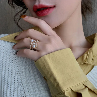 VAIGE Elegant Three-Layer Simulated Pearl Adjustable Gold Color Ring - Classic Fashion Accessory