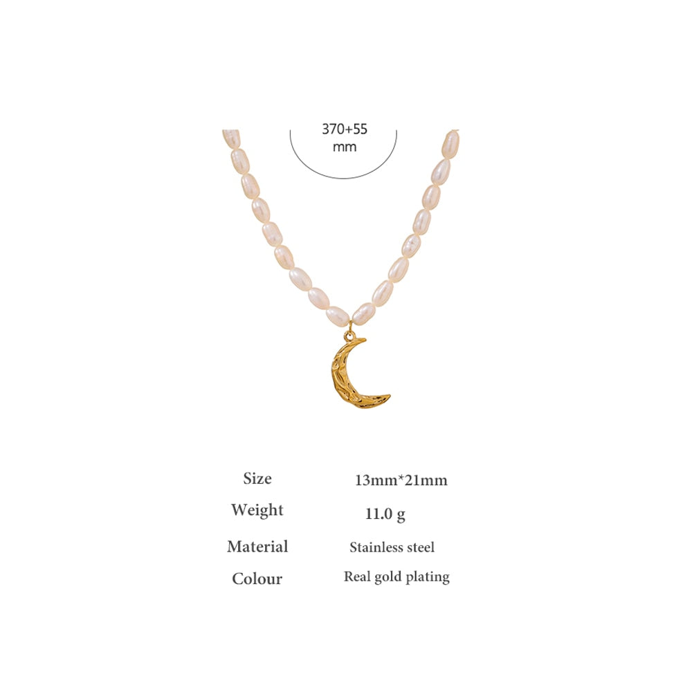 Pearl Necklace Hammered Crescent Moon Necklace