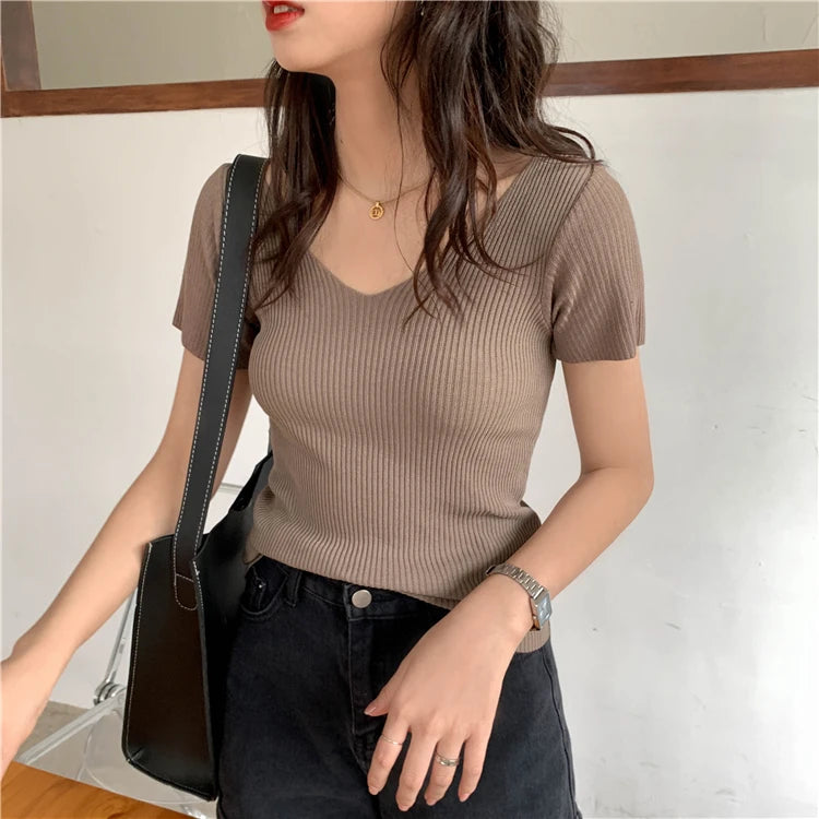 VAIGE Basic V-neck Solid Thin Summer Pullover Knitted Ribbed Sweater Bodycon Short Sleeve Slim Fit