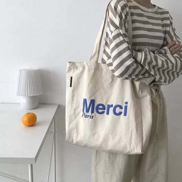 "Merci" Printed French Large Tote Bag