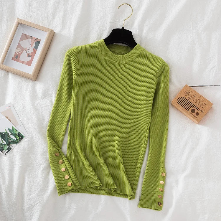 VAIGE Chic Khaki Thick Knit Pullover Sweater with Button O-Neck, Casual Autumn Winter Jumper, Slim Fit, Soft Cotton-Acrylic Blend