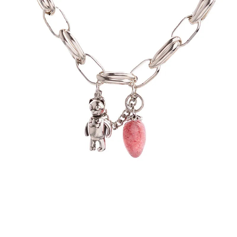 VAIGE Silver Link Chain Bracelet with Cute Bear and Strawberry Tassel Accents, Cubic Zirconia and Copper Jewelry