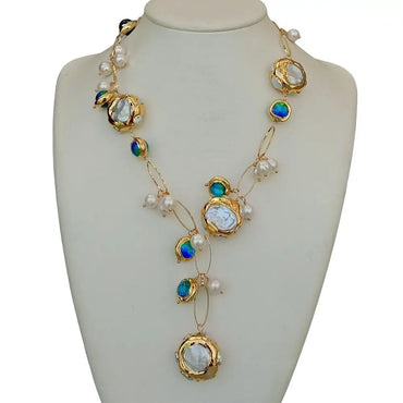 VAIGE Elegant White Pearl and Blue Murano Glass 21" Necklace