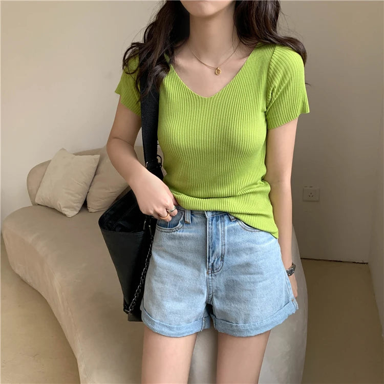 VAIGE Basic V-neck Solid Thin Summer Pullover Knitted Ribbed Sweater Bodycon Short Sleeve Slim Fit