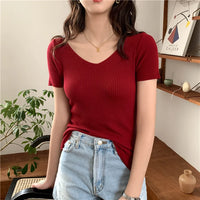 VAIGE Basic V-neck Solid Thin Summer Pullover Knitted Ribbed Sweater Bodycon Short Sleeve Slim Fit