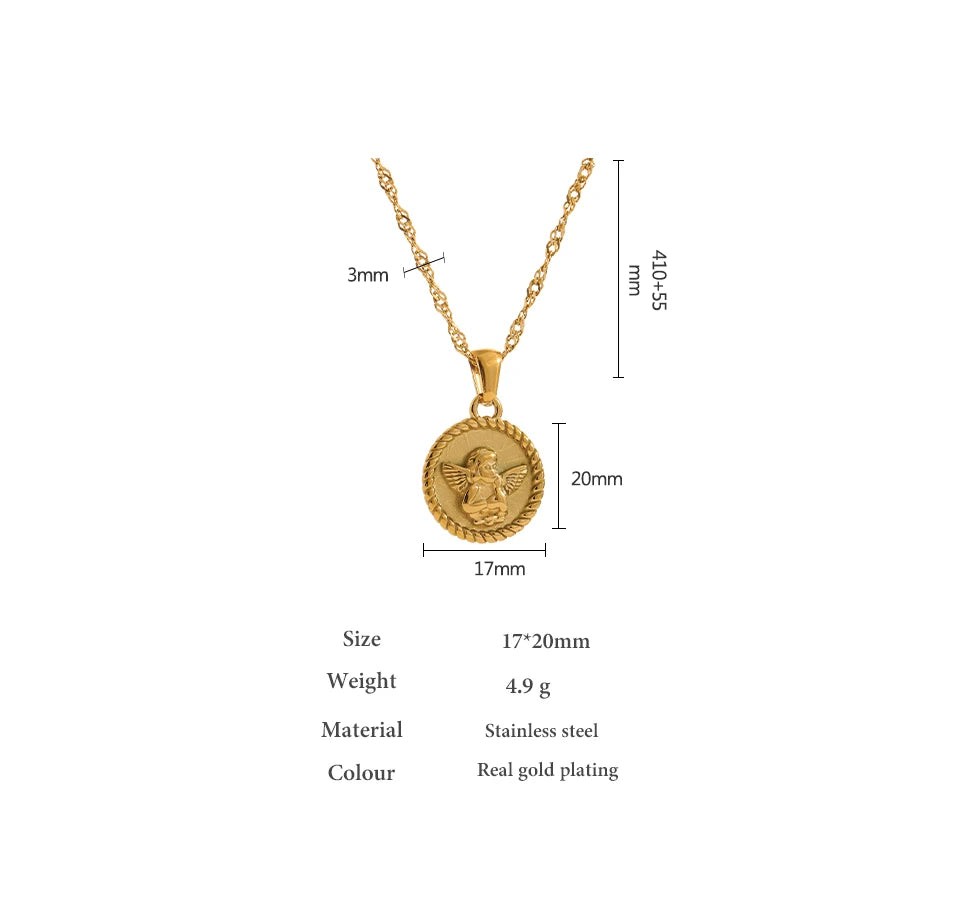 VAIGE Stainless Steel Angel Cherub Coin Necklace Gold