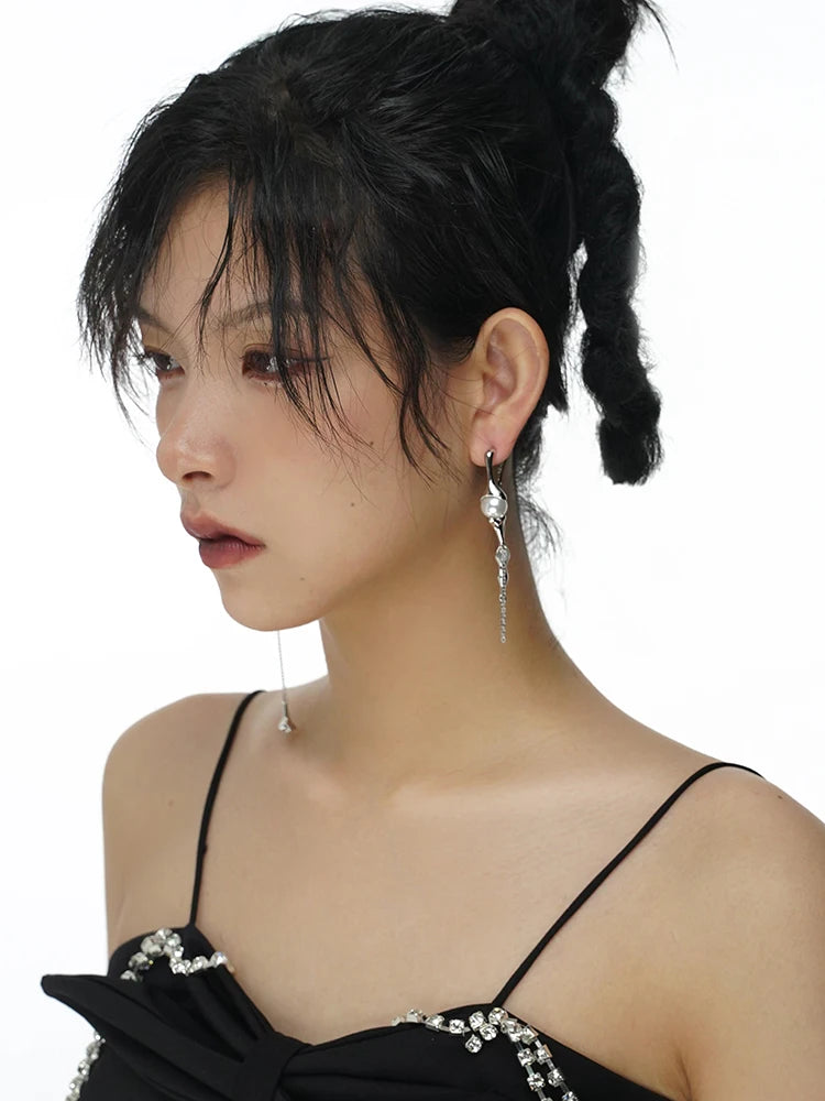 VAIGE Punk Long Tassel Simulated Pearl Drop Earrings with Irregular Geometric Design - Fashion Jewelry Gift