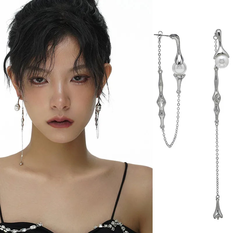 VAIGE Punk Long Tassel Simulated Pearl Drop Earrings with Irregular Geometric Design - Fashion Jewelry Gift