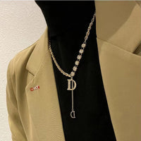 VAIGE D Letter Sparkling Zirconia Pendant Necklace - Elegant Long Design in Silver