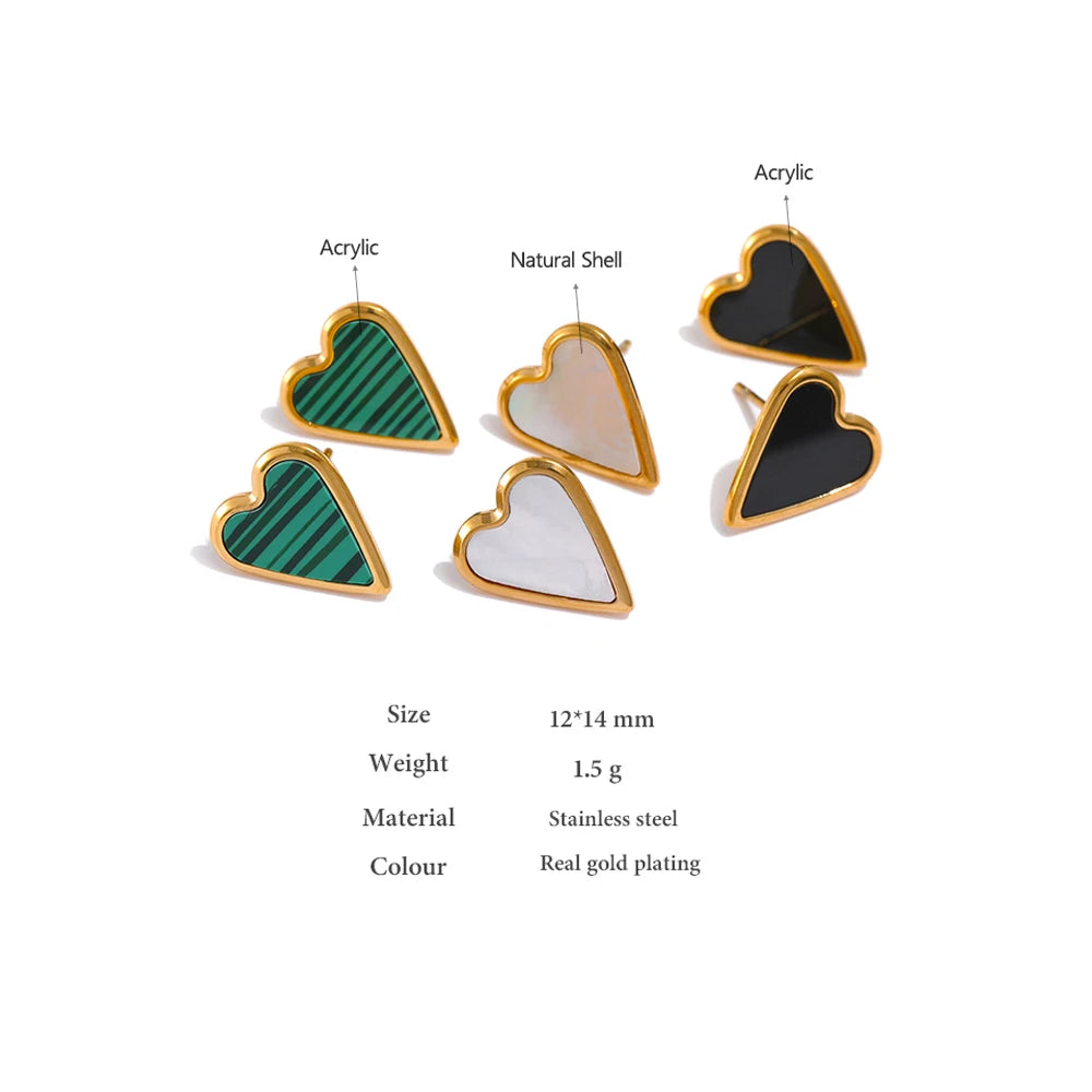 VAIGE Elegant Heart-Shaped Shell Earrings in Black, Green, and White with Stainless Steel Gold Finish