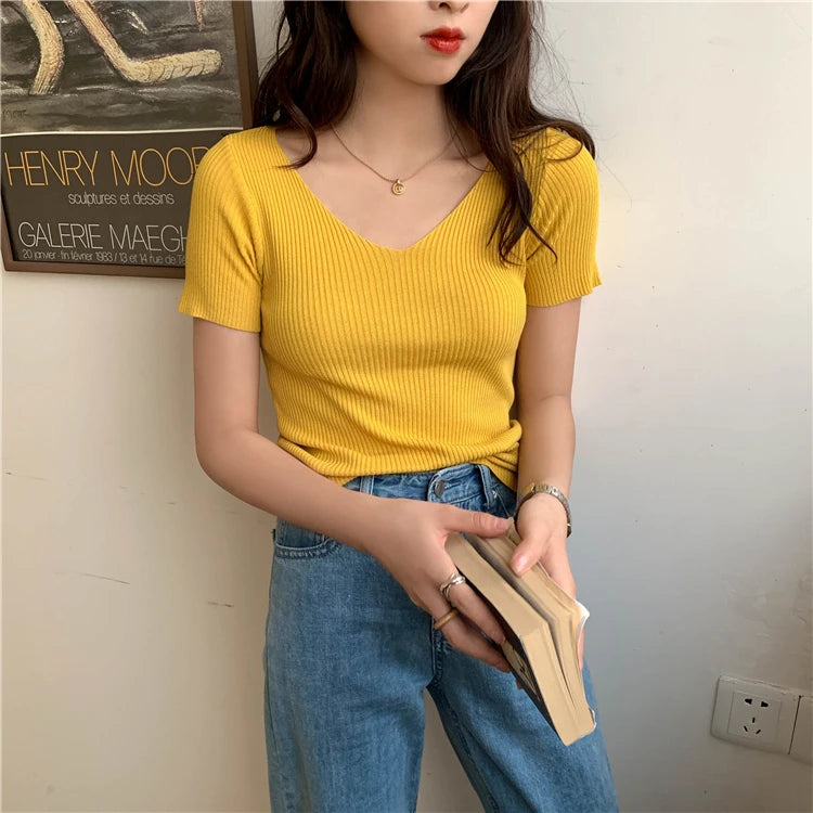 VAIGE Basic V-neck Solid Thin Summer Pullover Knitted Ribbed Sweater Bodycon Short Sleeve Slim Fit