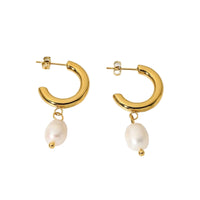 VAIGE Freshwater Pearl 18k Gold Plated Stainless Steel CC Shape Hoop Earrings - 27mm x 20mm Huggie Style Jewelry