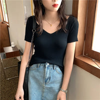 VAIGE Basic V-neck Solid Thin Summer Pullover Knitted Ribbed Sweater Bodycon Short Sleeve Slim Fit