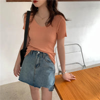 VAIGE Basic V-neck Solid Thin Summer Pullover Knitted Ribbed Sweater Bodycon Short Sleeve Slim Fit