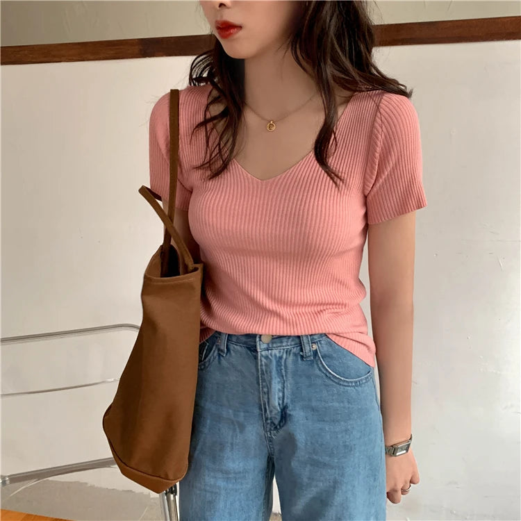 VAIGE Basic V-neck Solid Thin Summer Pullover Knitted Ribbed Sweater Bodycon Short Sleeve Slim Fit