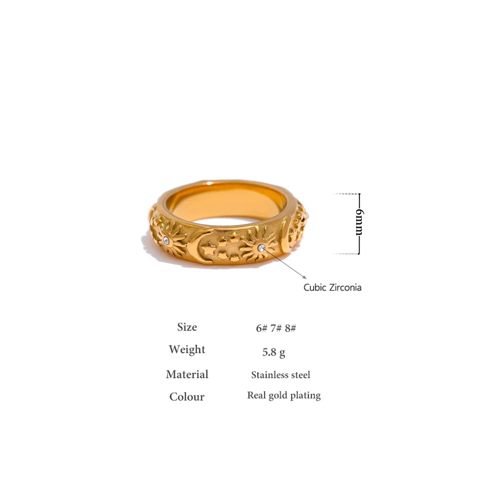 VAIGE Radiant Gold Sun, Star & Moon Stainless Steel Ring