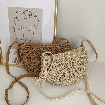 VAIGE Elegant Half Round Straw Woven Bag in Natural Beige