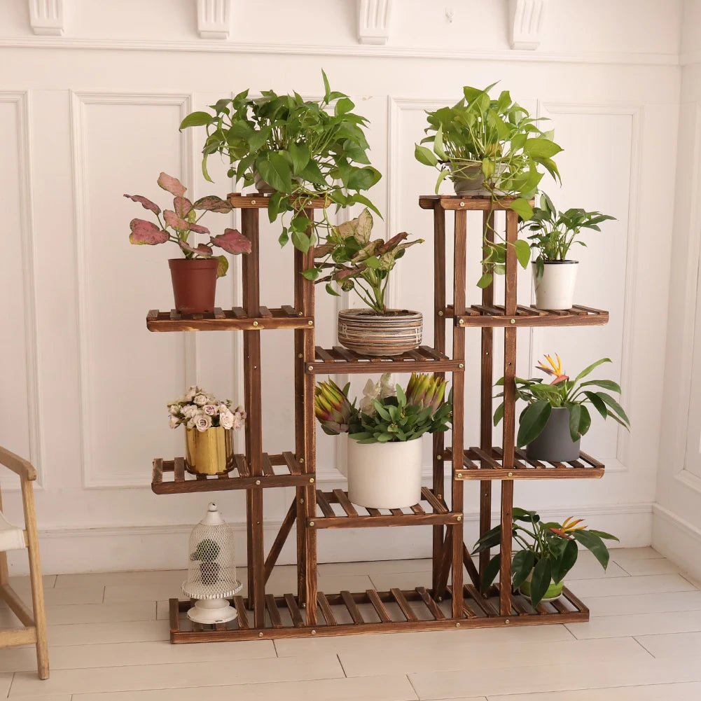 VAIGE 46in Pine Wood Multi-Tier Plant Stand with 9 Shelves for Indoor Outdoor Flower Display