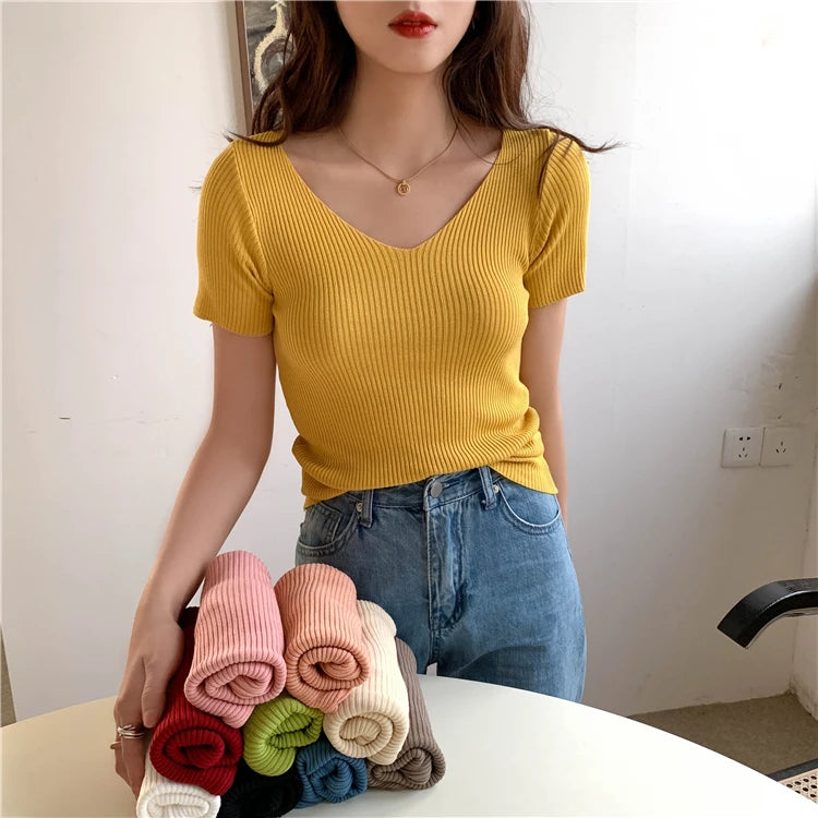 VAIGE Basic V-neck Solid Thin Summer Pullover Knitted Ribbed Sweater Bodycon Short Sleeve Slim Fit