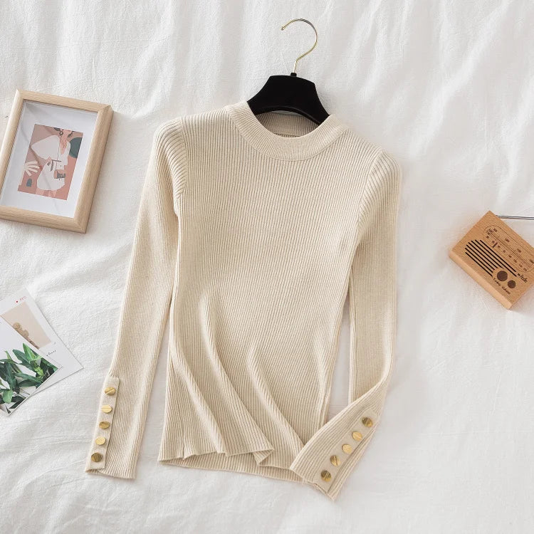 VAIGE Chic Khaki Thick Knit Pullover Sweater with Button O-Neck, Casual Autumn Winter Jumper, Slim Fit, Soft Cotton-Acrylic Blend