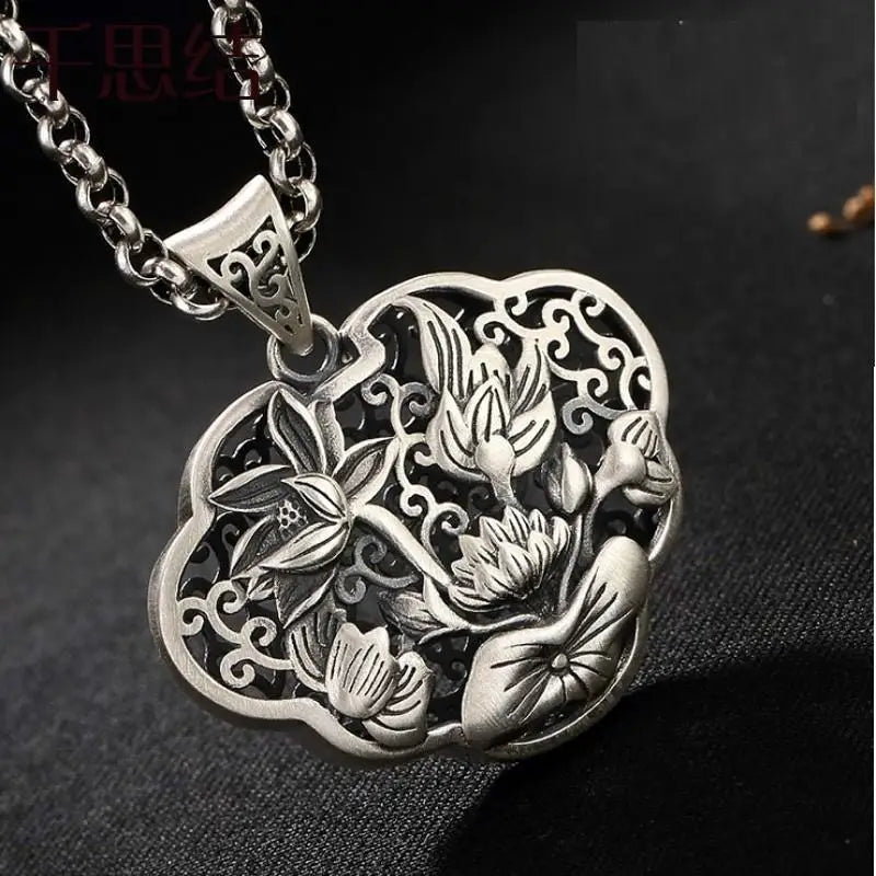 VAIGE Elegant Silver Lotus Flower Pendant Charm in Iridescent Silver and Midnight Blue