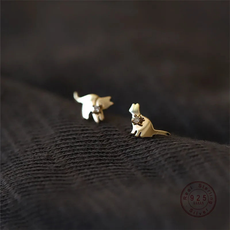 VAIGE 925 Sterling Silver Cat Stud Earrings with Zircon and 14K Gold Plating - Cute and Elegant Jewelry