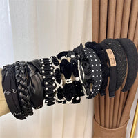 VAIGE Winter Velvet Bezel Hair Band with Pearl Cross Design, Black Leather Braided Headband for Casual Wear