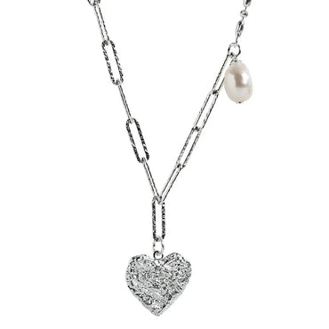 Dainty paperclip silver irregular texture heart pearl lariat necklace